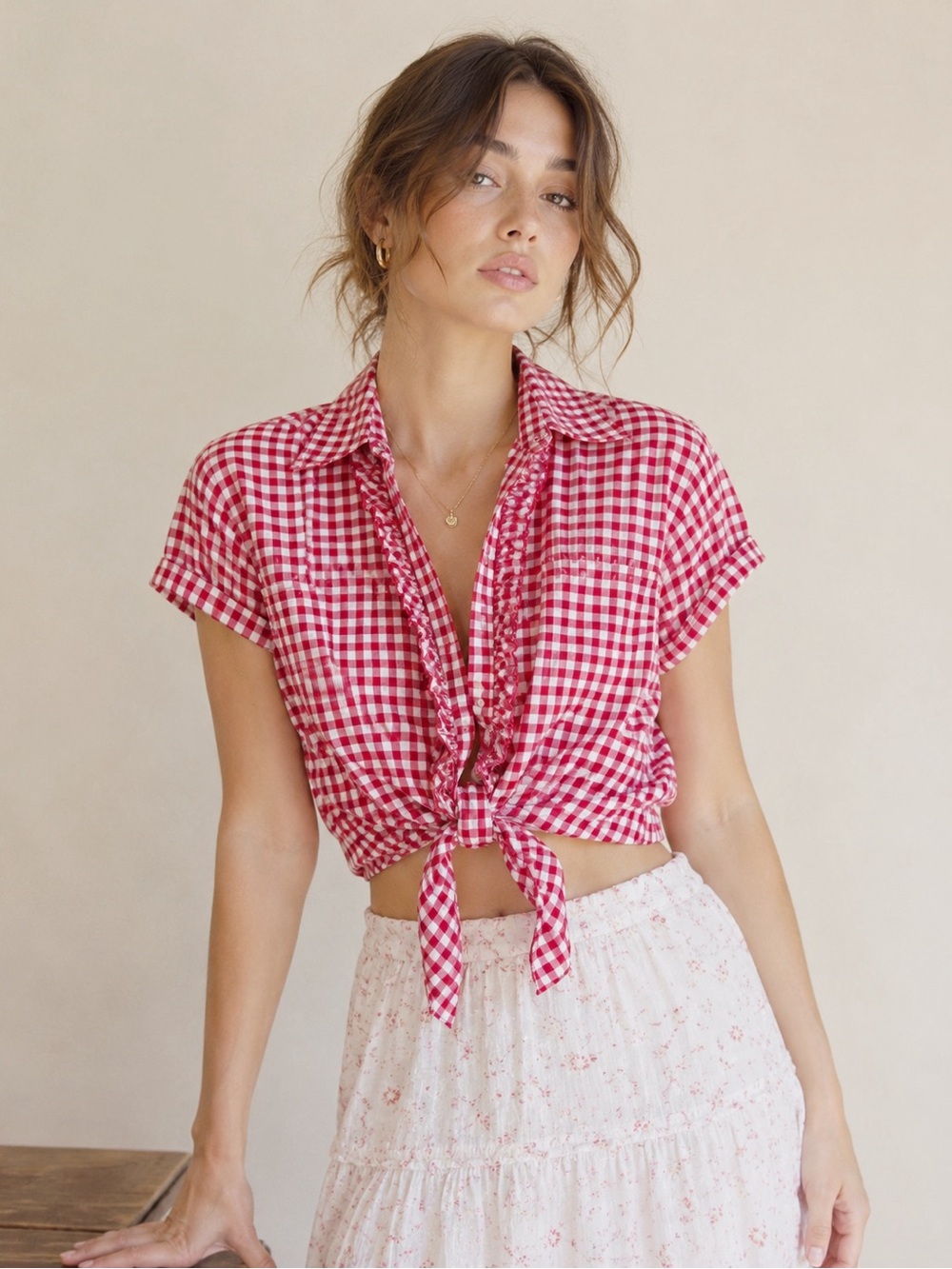Woman Red Gingham Tie Front Ruffle Button Front Crop Top MEDIUM Romatic Coquette